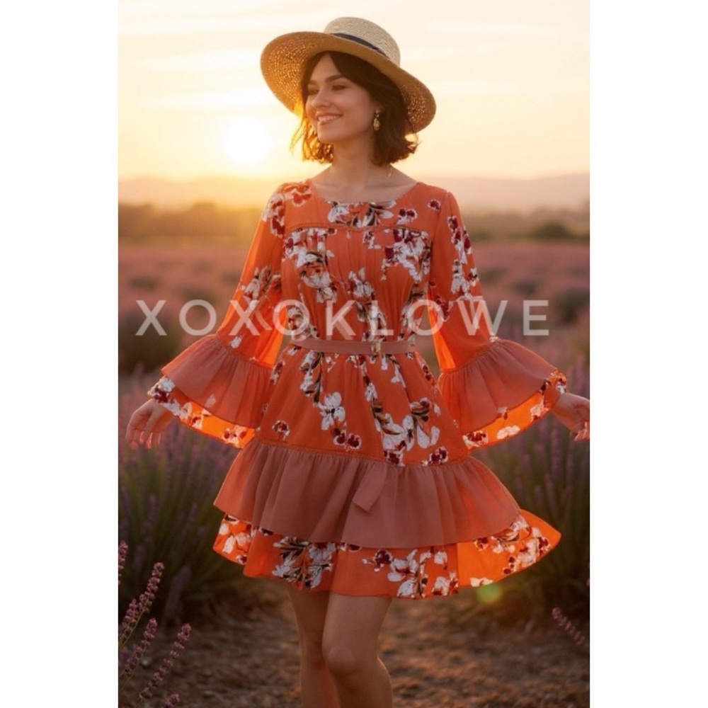 POL Rust Floral Print Dress | Long Sleeve Tie Waist Mini | Fall Garden Girl Boho